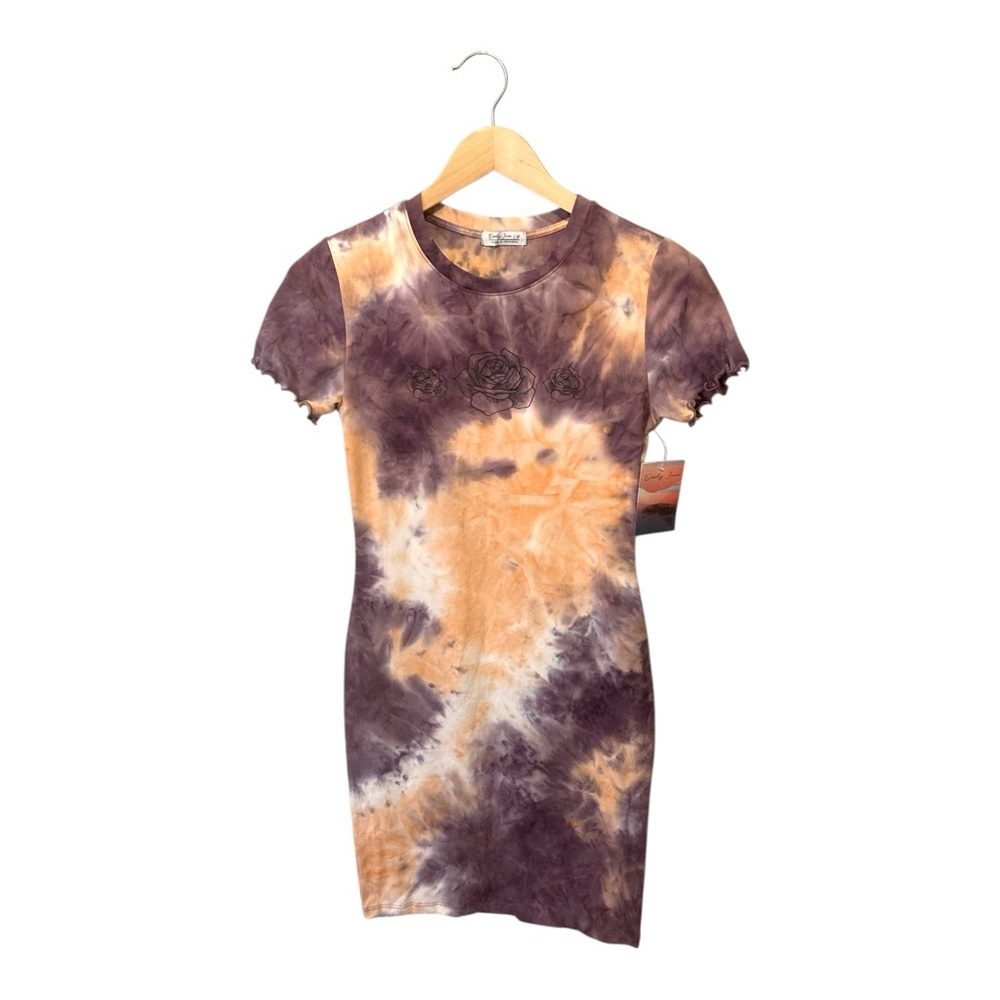 EVERLY JUNE Purple & Orange Tie Dye Mini Dress w Rose Decal - WM
